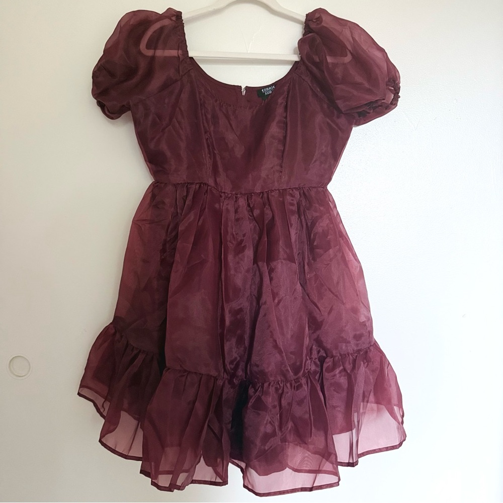 Cosmic Aura maroon dark babydoll dress with puffy sleeves